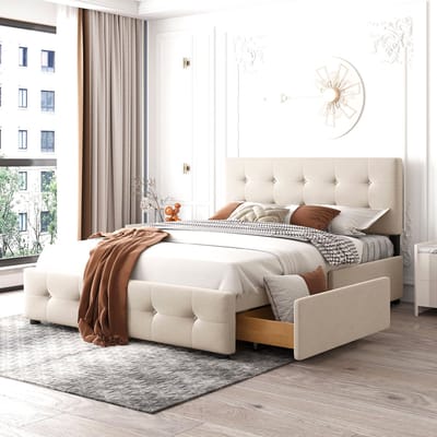 Gestoffeerd Bed 140x200 cm met 4 Opberglades - Tweepersoonsbed met Hoofdbord en Lattenbodem - Fluwelen Bedframe - Beige