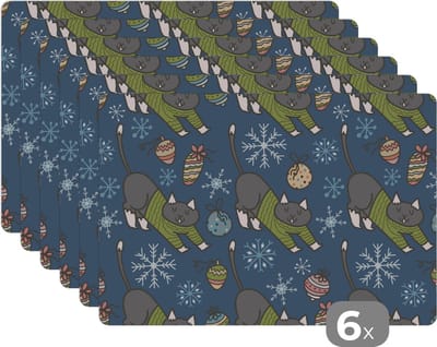 Placemat - Placemats kunststof - Katten - Sneeuw - Kerstbal - Patronen - 45x30 cm - 6 stuks - Hittebestendig - Anti-Slip - Onderlegger - Afneembaar