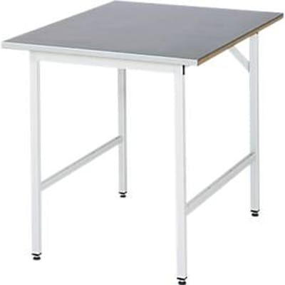 Rau werktafel Jerry, handmatig in hoogte verstelbaar, 25 mm MDF-plaat met plaatstalen bekleding, tot 300 kg, B 1000 x D 1000 x H 800-850 mm, zilver/lichtgrijs