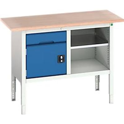 Box werkbank Bott verso, met multiplex legbord, 1 lade & 1 legbord & 1 deur, B 1250 x D 600 x H 830 - 930 mm, lichtgrijs / gentiaanblauw