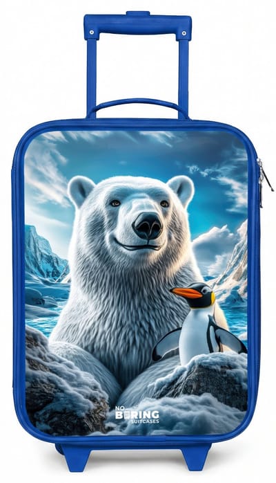 NoBoringSuitcases.com® - Kinderkoffer blauw - Kindertrolley jongen - IJsbeer en pinguïn in besneeuwd berglandschap - Koffer kind lichtgewicht - Reiskoffer trolley voor kinderen - Koffertje met lichtgevende wieltjes - Rolkoffer