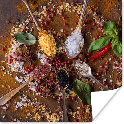 Poster Specerijen - Kruiden - Lepels - Zout - Bruin - Keuken - 30x30 cm