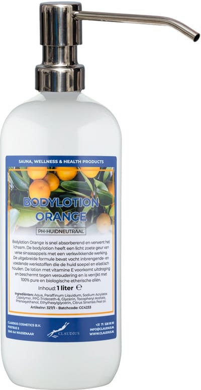 Bodylotion Orange 1 Liter met luxe RVS zilverkleurige pomp - stijlvolle en duurzame uitstraling