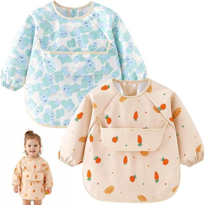 Set van 2 Baby Slabbetjes met Mouwen, Waterdichte en Machinewasbare Slabbetjes voor Eten, Lange Mouwen Bescherming