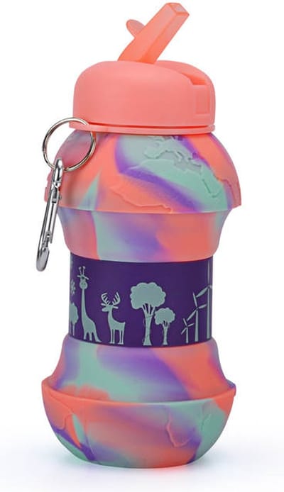 Wereld kaart oranje 600 ml waterfles voor kinderen - Pop it waterfles - Sportfles -Back to school - Stress relief features - Manks Kids Collections waterbottle - Easy fold waterfles - Reis waterfles