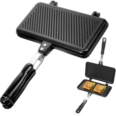 Dailygoods- Braadpan Dubbelzijdig - Antiaanbaklaag - Ergonomische Handgreep - Aluminium - 35,5 x 24 cm - Voor Sandwiches/Eieren/Steaks - Grillpan