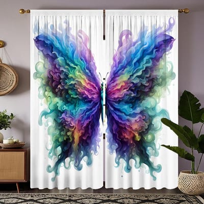 2 pièces Rideau décoratif multicolore HD fleurs papillons Système de couleurs rideau imprimé numériquement Style décoration maison Décoration W52H63inchW132H160cm blue