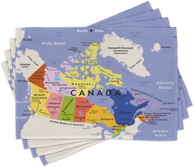 ABAKUHAUS Canada-placematten, gedetailleerde kaart van de omgeving van de Verenigde Staten, tafeldecoratie van kleurvast stof voor eetkamer en keuken, hemelsblauw en multicolor