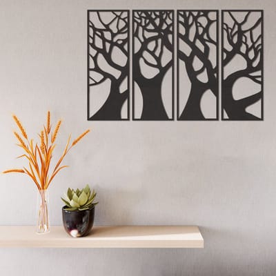 Wanddecoratie - Bomen Paneel 4 Delen - Hout - Wall Art - Muurdecoratie - Zwart - 60 x 38 cm