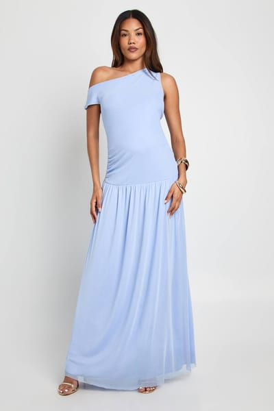 boohoo Dames Zwangerschapsjurk met gerimpelde aflopende zoom, mesh jurk | Baby Blue | Maat: 12