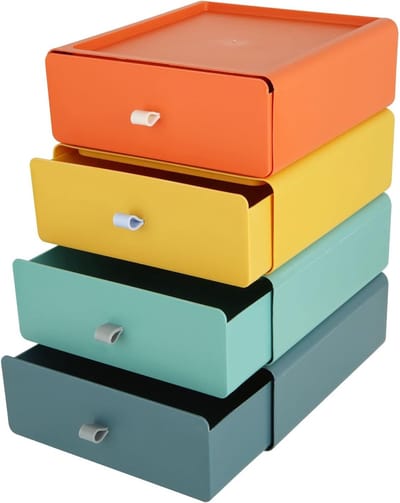 Stapelenbare Ladeboxen, 20.5 x 19.5 x 7.3 cm, Opbergdozen met Lades voor Kantoor, Cosmetica en Organisatie (4 Kleuren)