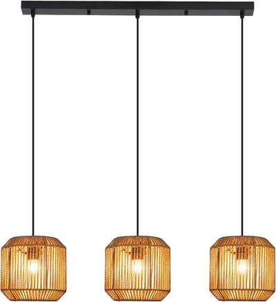 Glitzerlife -Hanglampen - Vintage Stijl - 3xE27 - Laternenvormig Handgeweven - Ø21cm - Papierseil IJzer - Hoogte Verstelbaar - Licht Curry - Hanglamp Eetkamer Woonkamer Slaapkamer