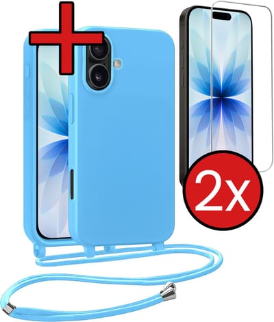 Hoesje Geschikt voor iPhone 17 Hoesje Siliconen Case Met Koord Met 2x Screenprotector - Hoes Geschikt voor iPhone 17 Hoesje Backcover Met Telefoonkoord - Lichtblauw