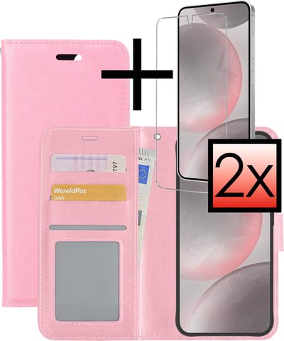 Hoesje - Met 2x Screenprotector - Geschikt voor Samsung Galaxy S24 - Luxe Pasjeshouder - Bookcase Portemonee - Flip Case - Kunstleer Book Case - Flipcase Hoes - Book Cover - Walletcase - Portemonneehoes - Lichtroze