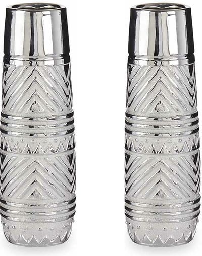 Giftdecor - Bloemenvazen 2x stuks - zilver modern motief - 10 x 30 cm - keramiek