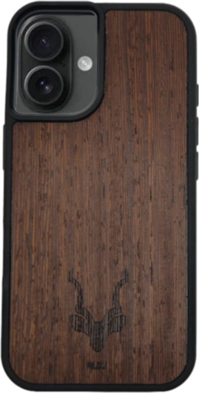 Kudu iPhone 16 hoesje case - Houten backcover - Handgemaakt en afgewerkt met duurzaam TPU - Wengé - Zwart