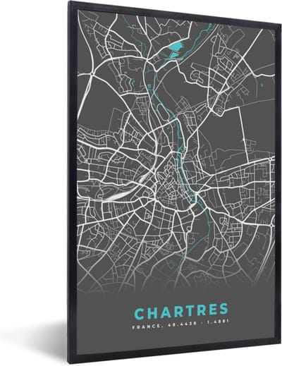 Fotolijst incl. Poster - Chartres - Plattegrond - Kaart - Stadskaart - Frankrijk - 40x60 cm - Posterlijst