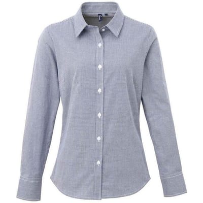 Premier Dames/Dames Micro Gingham geruit katoenen shirt met lange mouwen (Marine / Wit)