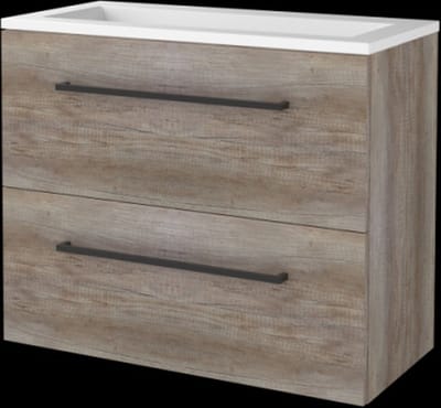 Basic Start 39 badmeubelset met wastafelonderkast met grepen, 2 lades en acryl wastafel zonder kraangaten 80 x 39 cm, scotch oak