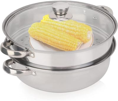 2-laags stomer voor koken, 28 cm roestvrijstalen stoompan Groenteknoedelstomer Kookgerei met glazen deksel