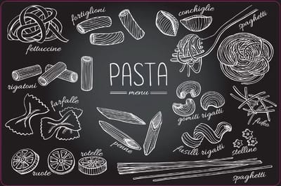 Placemats Set van 4 – Pasta Menu – 30x45 cm – Antislip – Afwasbaar Kunststof – Onderlegger & Tafeldecoratie