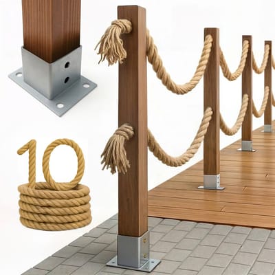 BOGATECO Nautische Touwomheining 10m - Houten Afzetting met Dubbel Jute Touw - Inclusief Paalhouders & Montagekit - 13 Maten Beschikbaar - Geïmpregneerd Grenen - Donkerbruin