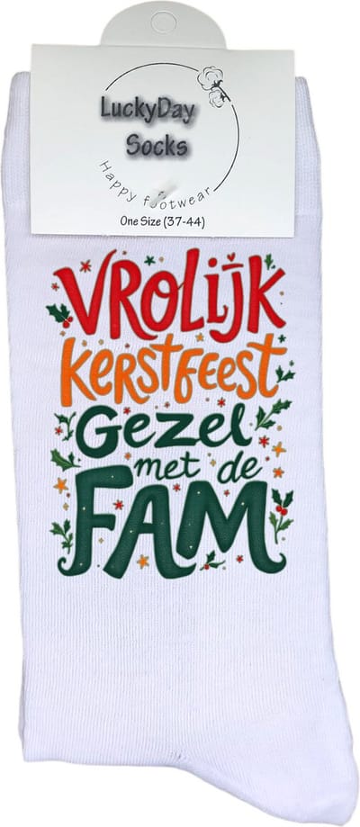 LuckyDay Socks - Grappige Kerst Cadeaus voor Dames en Heren - One Size Sokken met Tekst - Huissokken - Kerstsokken - Geschenk Vrouwen, Mannen , Moeder, Mama, Papa, Vader, Vriend, Vriendin, Zus, Broer, Oma, Opa - Originele Cadeautjes Volwassenen