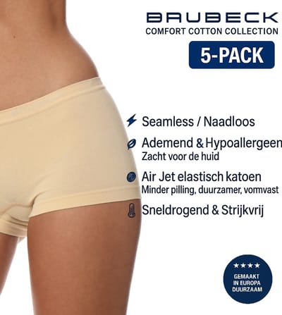 Brubeck Dames Boxershort – Naadloos (Seamless) Elastisch Katoen – 5-Pack - Beige S