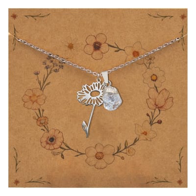 Bixorp Geboortebloem + Geboortesteen Ketting April - Madeliefje & Bergkristal - Zilverkleurig Stainless Steel - Bloem & Ruwe Edelsteen Hanger - 45+5cm