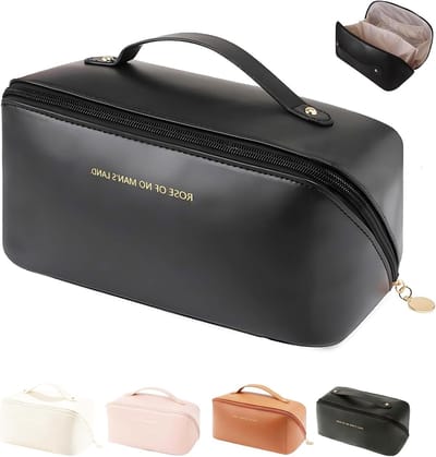 Grote Capaciteit Make-up Tas, Cosmetica Reistas met Handvat en Scheidingswanden, Draagbare Toilettas voor Organisatie, Make-up Opslag en Borstels voor Vrouwen, Zwart, Diagonaal Ritsontwerp