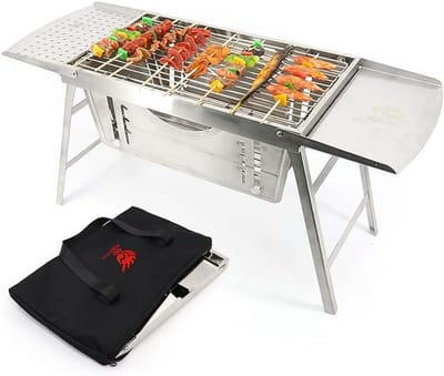 Houtskoolgrill - Grote Buitengrill - Houtskoolbarbecue - Tafelbarbecues - Opvouwbare - Draagbare - met Draagtas - Geen noodzaak om te installeren - RVS - 30.5x85x40cm - Zilver