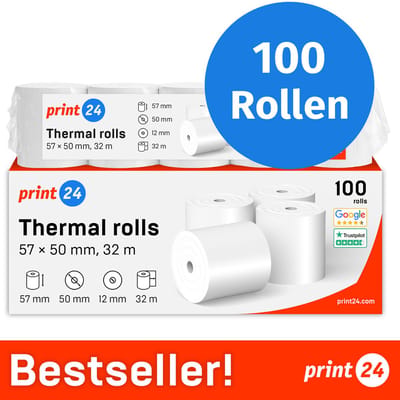 NIEUW: print24 Thermische Rollen / Kassarollen, 100 Rollen, 57mm x 50mm x 12mm, 32m, Testwinnaar, PEFC-gecertificeerd, BPA-vrij, voor EPSON, IBM e.a.