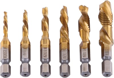 6-delige combinatie boor- en tapset met metrische draad M3-M10, titanium gecoate HSS boren en tappen met 1/4" hex schacht voor precisiewerk en metaalbewerking