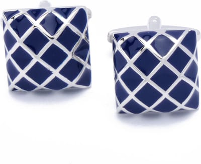 Manchetknopen - Blauwe Ruitjes met Zilver Vierkant