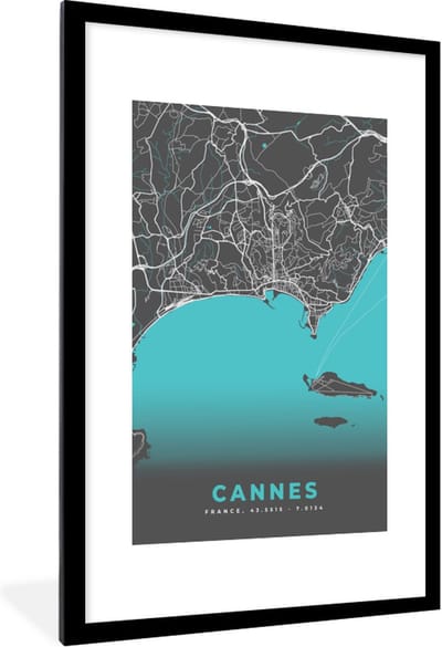 Fotolijst incl. Poster - Cannes - Frankrijk - Kaart - Stadskaart - Plattegrond - 80x120 cm - Posterlijst