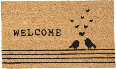 Clayre & Eef Deurmat 75x45 cm Bruin Zwart Kokosvezel Pvc Rechthoek Vogels Welcome Kokosmat