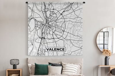 Wandkleed - Wanddoek - Frankrijk - Plattegrond - Stadskaart - Valence - Kaart - Zwart wit - 180x180 cm - Wandtapijt