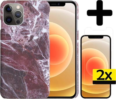 Hoesje Geschikt voor iPhone 12 Pro Hoesje Marmer Case Hard Cover Met 2x Screenprotector - Hoes Geschikt voor iPhone 12 Pro Case Marmer Hoesje Backcover - Rood