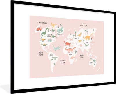 Wereldkaart - Kinderen - Dinosaurus - Schoolplaat - Kinderkamer - 90x60 cm