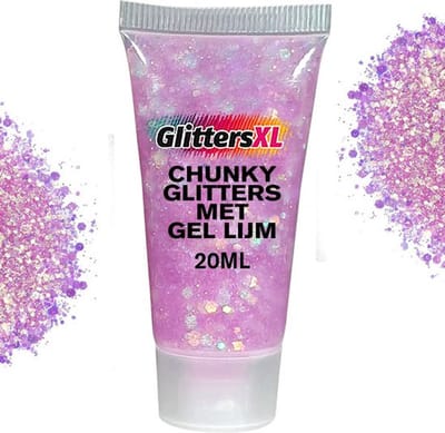 Chunky Glitters met Gel Lijm Tube (Lila/Roze) [Volume 20ML - Festival Jewels Glitter Outfit Lichaam en Gezicht - Make-up Diamond Dots Face Body - Diamantjes Strass Steentjes - Kinderen Volwassenen Dames Makeup Tattoo Mastix Schmink]