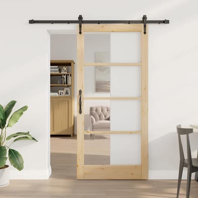 vidaXL - Schuifdeur - 93 - x - 202 - cm - Massief - grenenhout - en - glas - Naturel