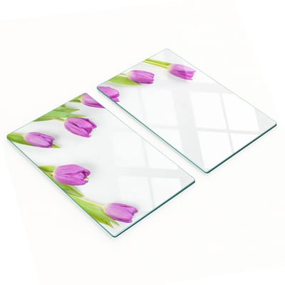 Borden van gehard glas met een decoratief patroon van paarse tulpen, 2x30x52 cm