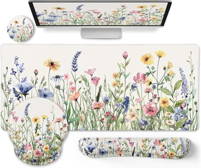 Muismat Set - Bureauonderlegger Toetsenbordmat - Desktop Gebruik - Waterbestendige Coating - XXL Extended - Bloemenprint