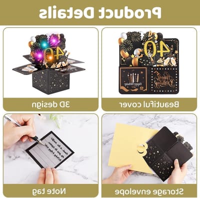 3D Verjaardagskaart voor 40e Verjaardag met Muziek en Licht - Unieke Pop-Up Kaart als Verjaardagscadeau voor Vrouwen, Kinderen en Mannen in Zwart en Goud