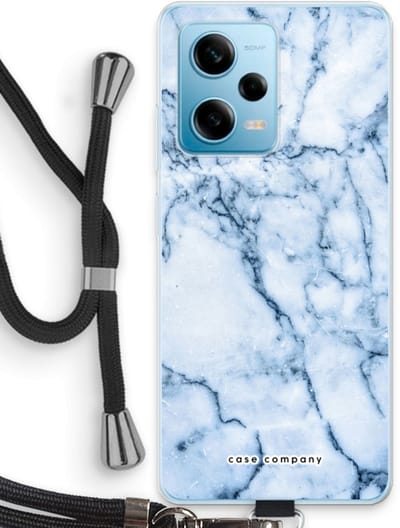 Case Company® - Hoesje met koord geschikt voor Xiaomi Redmi Note 12 Pro 5G hoesje met Koord - Blauw marmer - Telefoonhoesje met Zwart Koord - Bescherming aan alle Kanten en Over de Schermrand