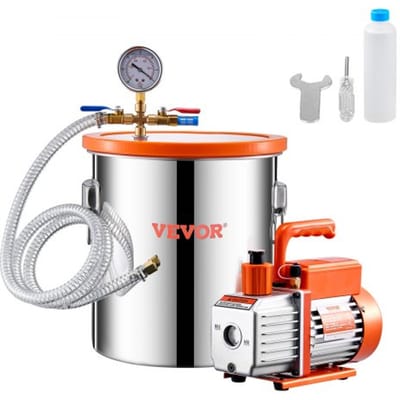 VEVOR 18,93 L vacuümkamer & 3,5 CFM pomp, roestvrijstalen kamer, enkeltraps vacuümpomp ontgassingskamerset, met acryl deksel, olie, 1,5 m slang, vacuümpompset voor ontgassing van hars, siliconen epoxyharsen
