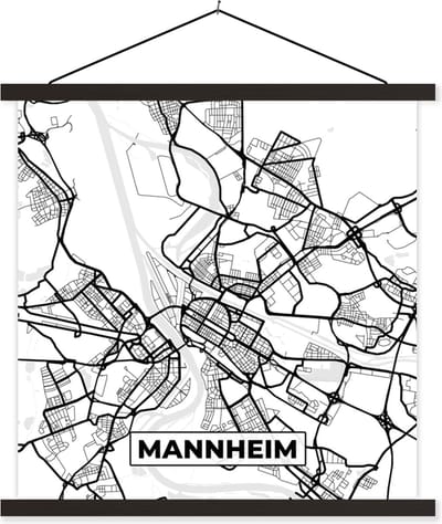Posterhanger incl. Poster 60x60 cm - Schoolplaat - Mannheim - Kaart - Stadskaart - Plattegrond - Textielposter - Zwarte latten - Stadskaart