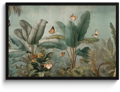 Poster in lijst - Fotolijst 90x60 cm - Posters - Tropisch bladerdek - Vlinders - groen - Bruin - Posterlijst zwart - Decoratie - Wanddecoratie woonkamer - Muurdecoratie slaapkamer
