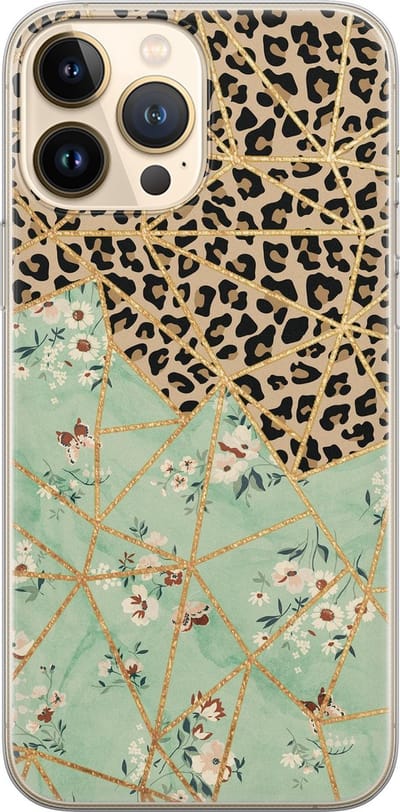 Leuke Telefoonhoesjes - Hoesje geschikt voor iPhone 13 Pro Max - Luipaard bloemen print - Soft case - TPU - Luipaardprint - Groen