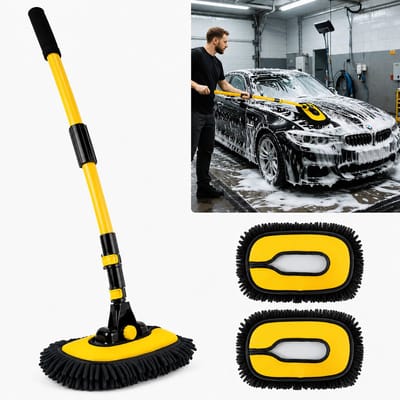 DPLUNIQ Borstel - Telescoop borstel - Schoonmaakborstel - Autowasborstel - Microvezel - 0,8kg - Uitschuifbare steel - Zwart - Geel